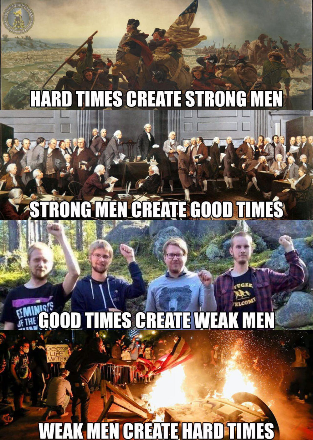 Hard Times Create Strong Men - Strong Men Create Good Times - Good Times Create Weak Men - Weak Men Create Hard Times.