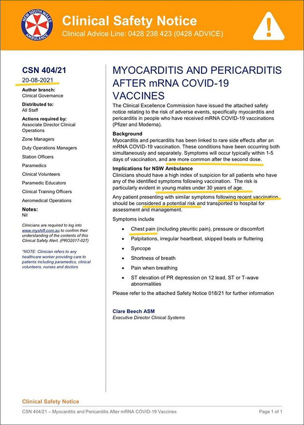 Clinical Safety Notice - CSN 404/21 - Healthcare Workers were informed that mRNA Covid Vaccinations had SERIOUS side effects!