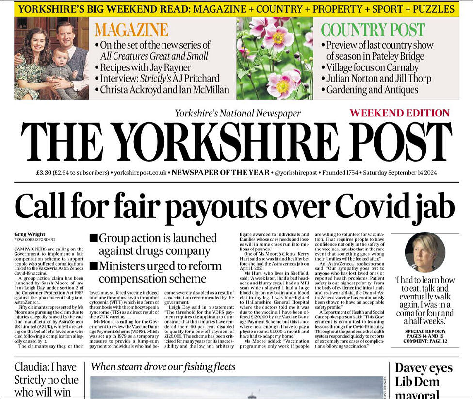 The Yorkshire Post - Call for fair payouts over Covid jab...