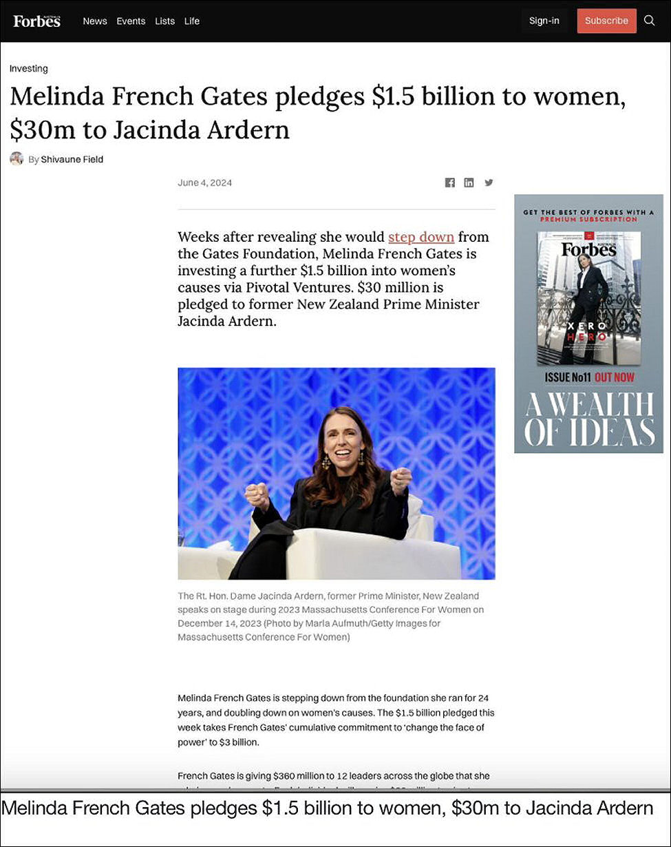 Melinda French Gates pledges $1.5 billion to women, $30m to Jacinda Ardern.