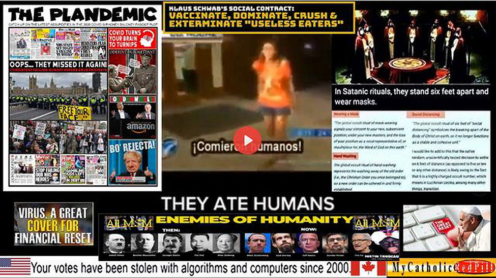 Spanish model freaks out at Illuminati dinner, as dignitaries like Queen of England and PM of Scotland eat HUMAN FLESH