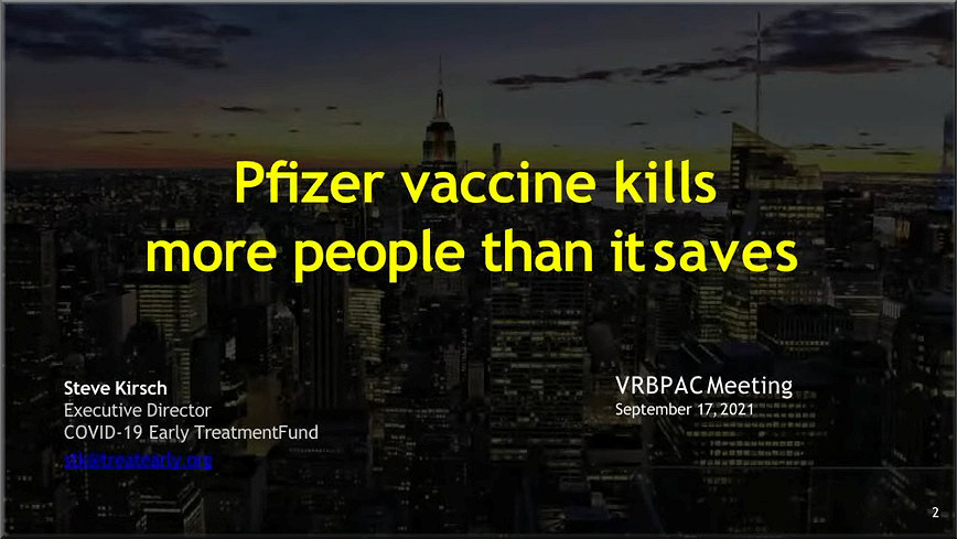 FDA member Steve Kirsch, Executive Director COVID-19 Early Treatment Fund said: 'Pfizer vaccine kills more people than it saves.'
