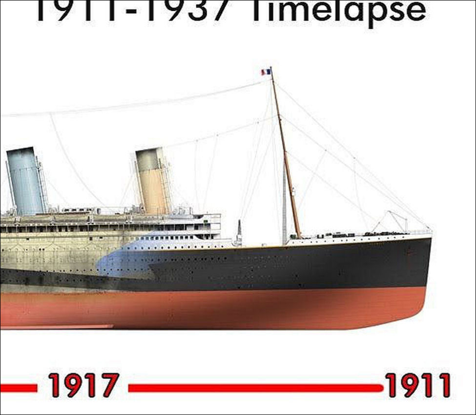 This is the real RMS Titanic after being rebranded as the RMS Olympic - note the evenly spaced rectangular port holes on B Deck